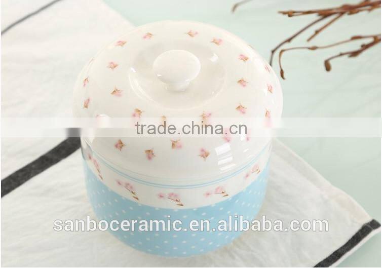 Chinese style home ceramic salt & sugar pot with lid, blue flower decal printing