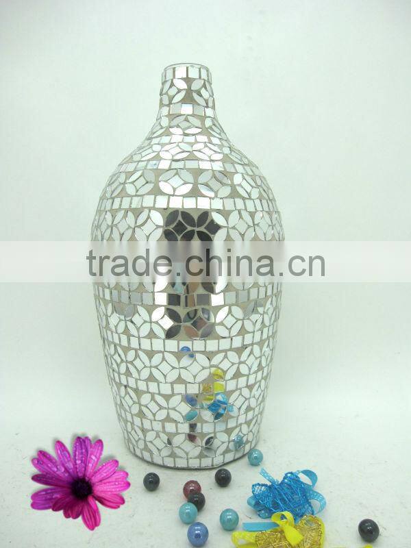 Table Decoration Chinese Slender Modern Mosaic Crackle Glass Tall Silver Vase