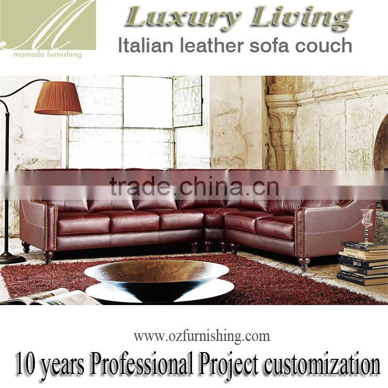 luxury neo classic burgundy genuine cow leather antique American style salon sectional chesterfield sofa set retro furniture