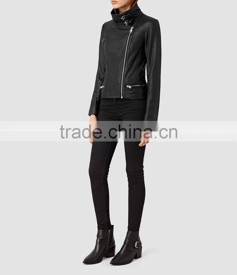 Fashion double buckle high collar asmmetric zip fastening faux PU leather winter biker jacket women