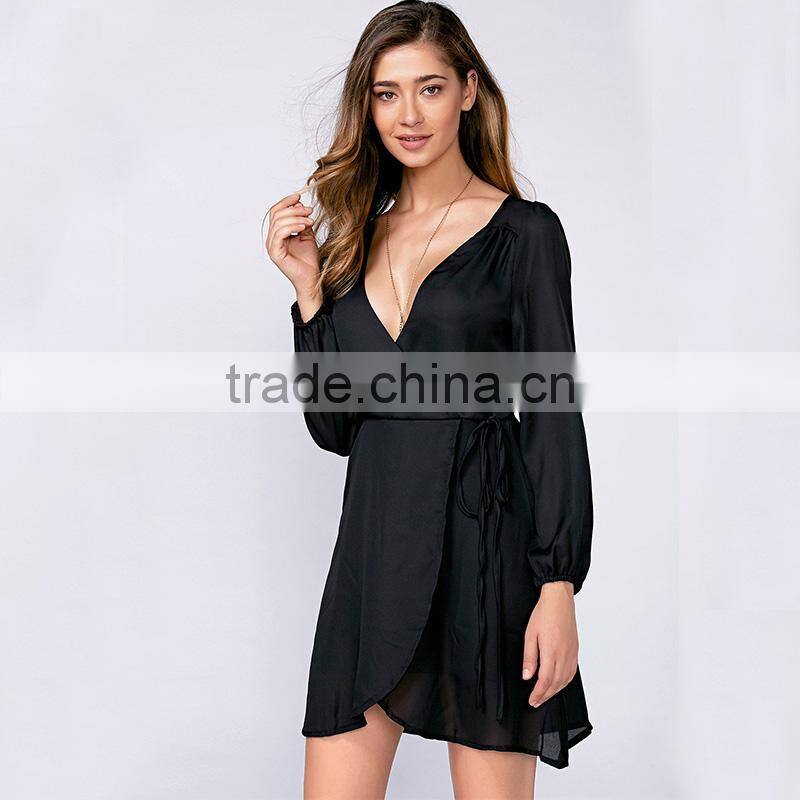 Solid ladies lace-up puff sleeve plunging neckline mini chiffon dress