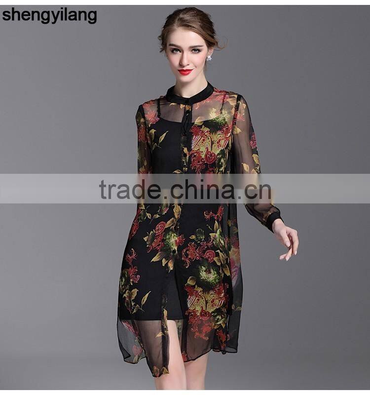 2016 spring summer pure true button-up silk long sleeve shirt dress