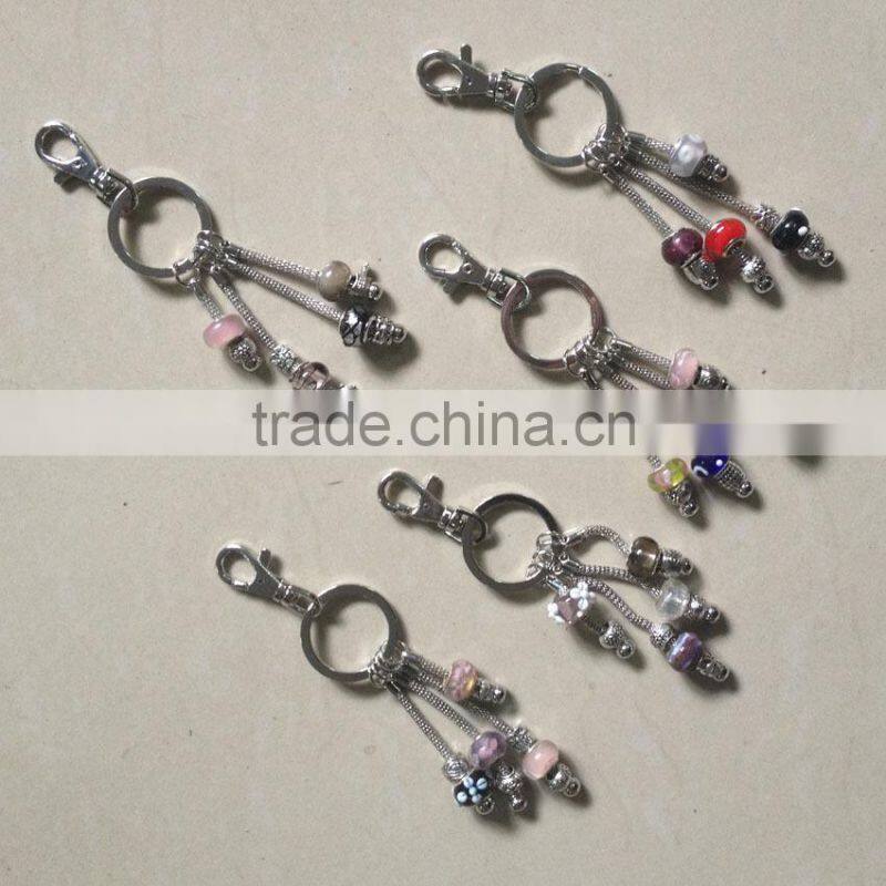 European Charm Keychain Silver w/ Multi-Color & Silver Glass Beads,Plated Key Chain for Glass Beads