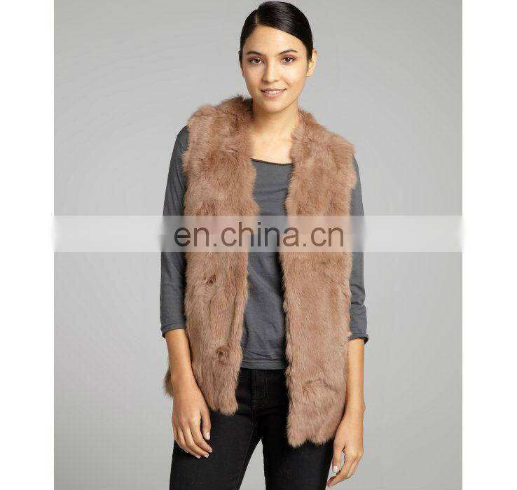 taupe rabbit fur v-neck vest /quality supplier+OEM+ODM