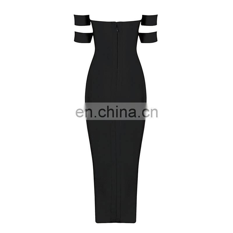 Amigo 2017 new designer sex black off-shoulder double sleeve jigh slit bandage dress long evening dresses for women party wear