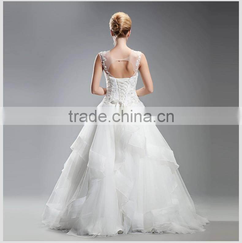 2014 new design round neckline organza alibaba wedding dress with applique