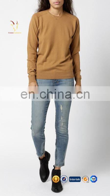 Fashionable long sleeve crew neck cashmere pullover sweater for ladies