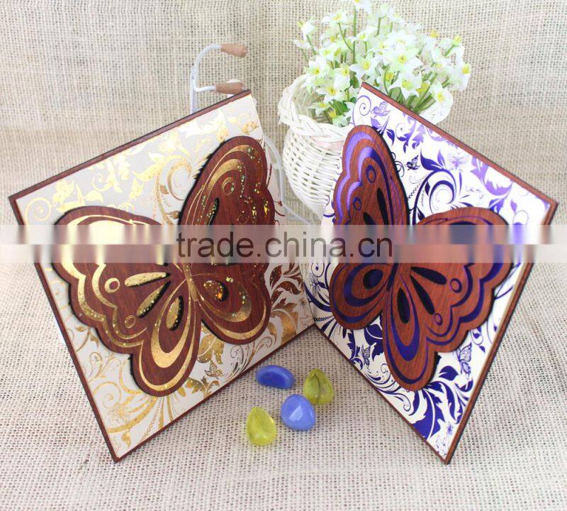 Unique 2016 Butterfly Shape Wooden Wedding Invitation Card with Hot Foil Words