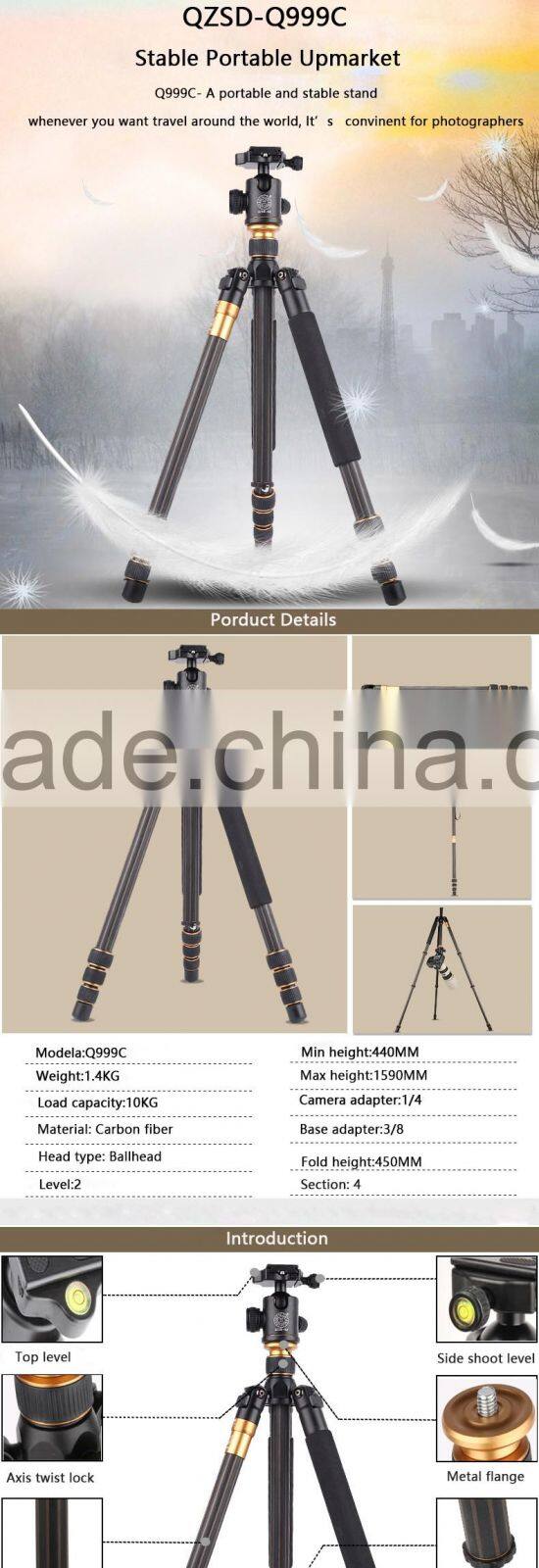 Q999C 1590mm carbon fiber camera tripod 15kg load digital dslr camera tripod monopod customize brand quality tripod