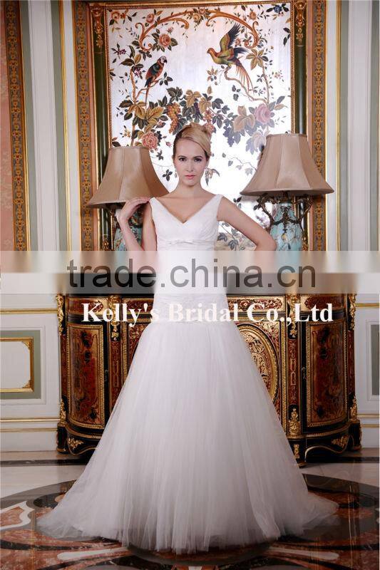 Sexy Deep V Neck Design Sheath Lace Pleated Tulle Strapless Wedding Dress