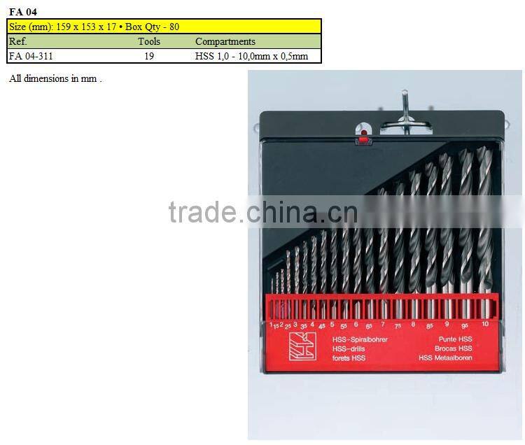 Visible hard plastic packaging box for HSS masonry hammer and wood drills FA cassette