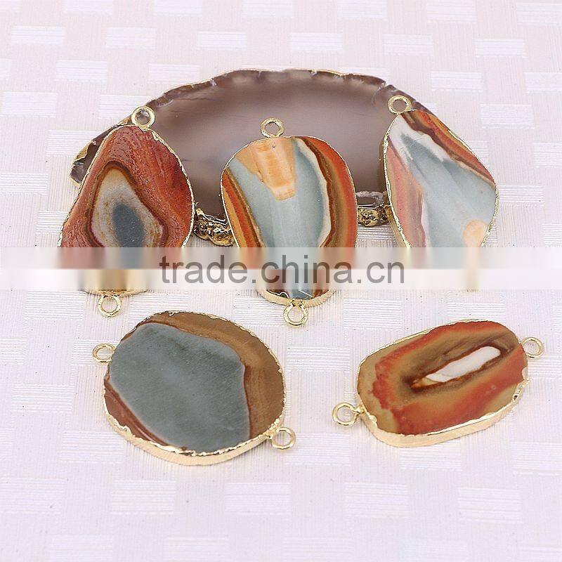 Charm Agate Druzy Connector Beads, Gold Plated Edged Picture Stone Beads For Jewelry Making