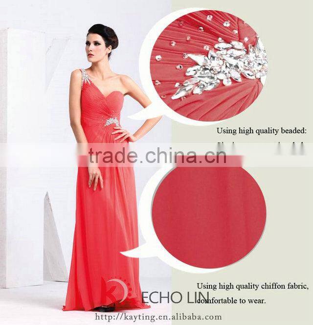 Sweetheart Ruffle Beaded One-shoulder Chiffon Ladies Party Wear Gown