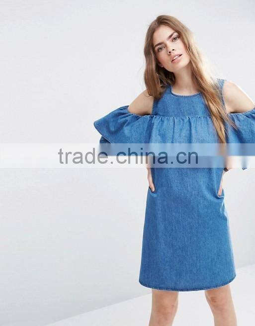 Shift Denim Dress with Cold Shoulder and Ruffle Detail