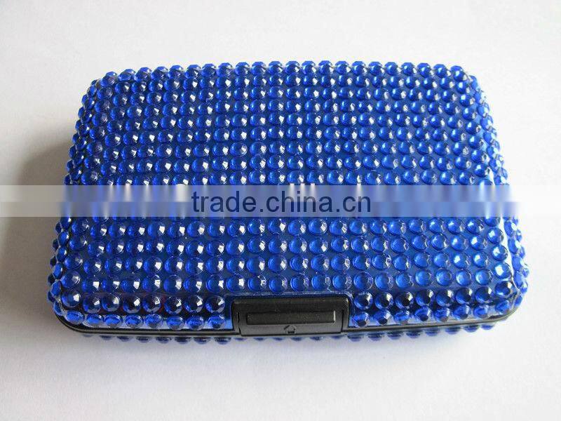 waterproof blue plastic credit card holder full with rhinestone