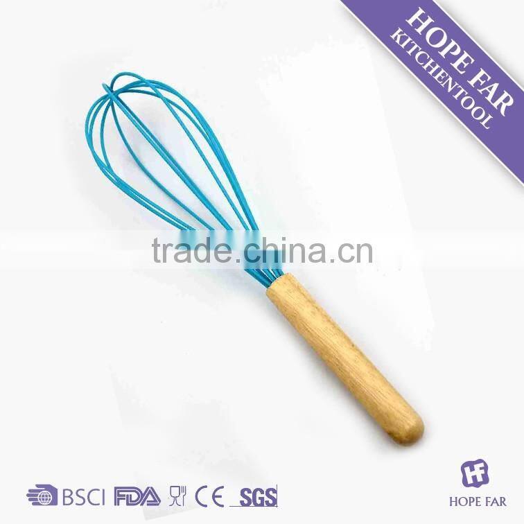 0300204 High quality 10" red color silicone egg whisk with wooden handle