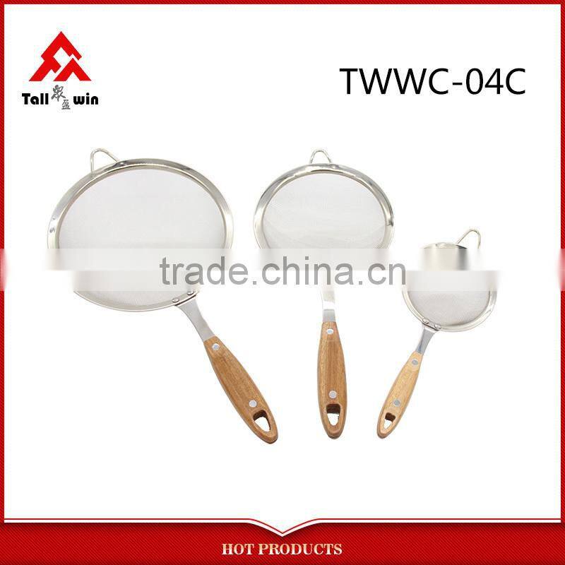 Stainless Steel Fine Double Mesh Wooden Handle Strainer