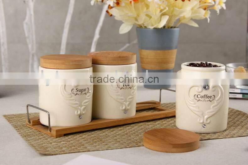 ceramic porcelain canister set,ceramic tea sugar coffee jar, ceramic canister,airtight canister with bamboo lid