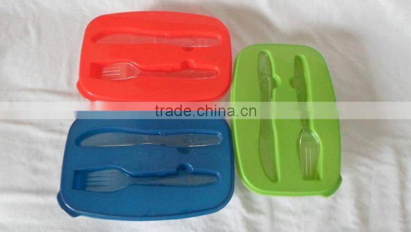 Microwave safe plastic 2 compartments lunch box with fork and knife on lid