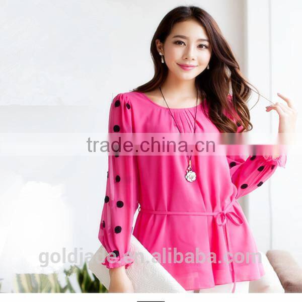 OEM lady sexy loose rose red and black chiffon dot round collar long petal sleeve blouse