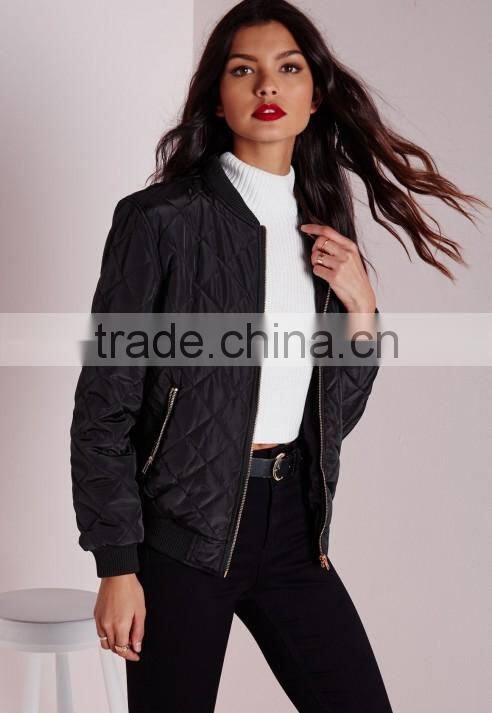 fashionable women plain black quilting bomber jacket wholesale