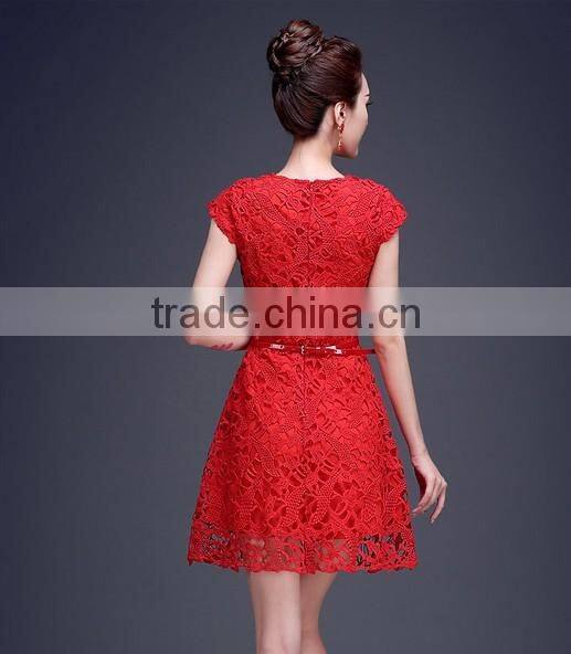 newest red lace plain young girl short sleeve casual dress