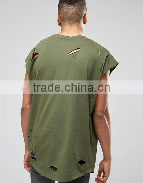 Customize men cheap 100% cotton super oversized jersey t-shirt with distressing and curved hem