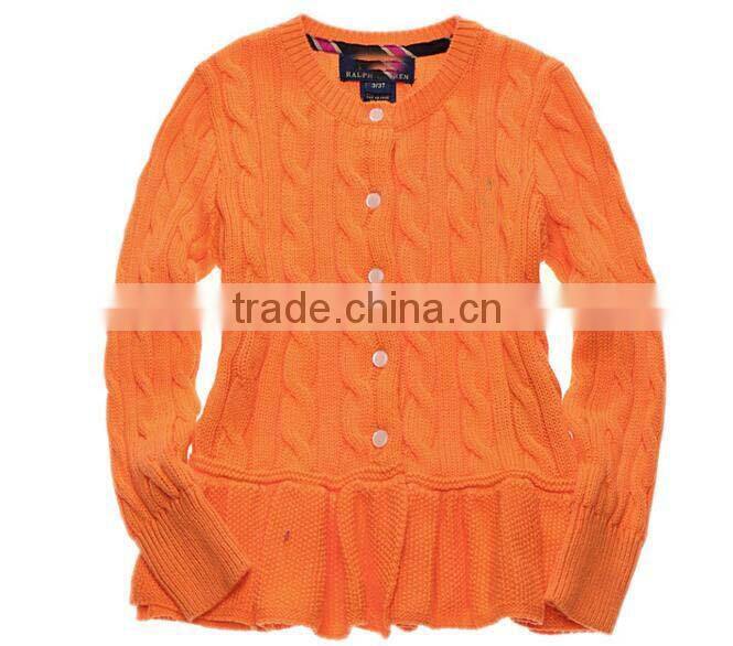latest children girls cable knit ruffle buttom down long cardigan sweater