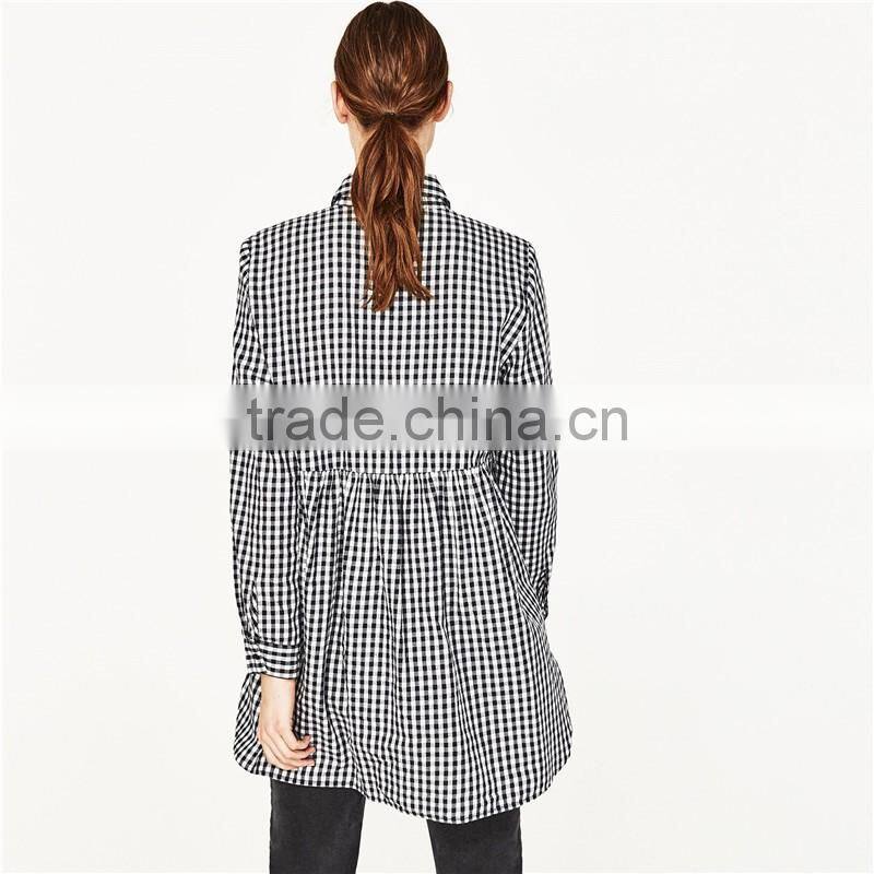 2017 OEM Spring Long Sleeves Babydoll Gingham Shirt with Flounce Uneven Hem