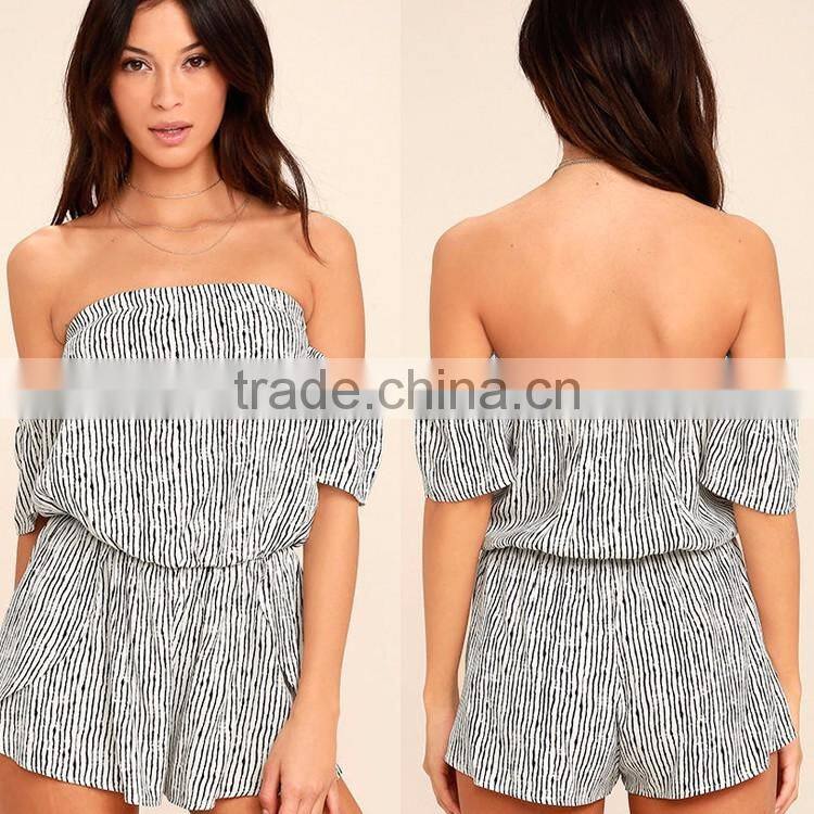 Summer off shoulder Black and white stripe romper women for wholesale