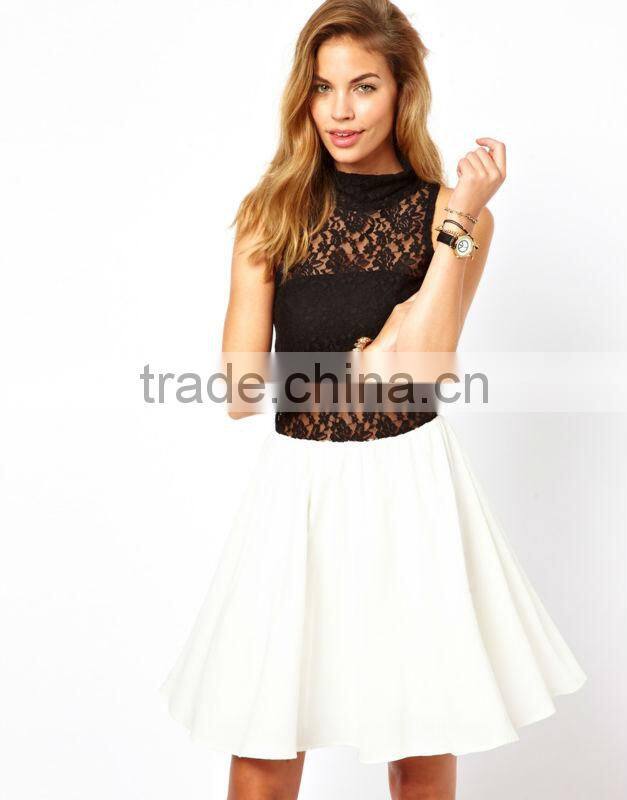 Sleeveless Skater Dress with Lace High Neck
