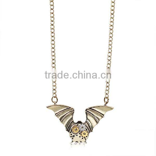 New Fashion Steampunk Necklace Halloween Bat Link Curb Chain Antique Bronze With Gear 63.0cm long