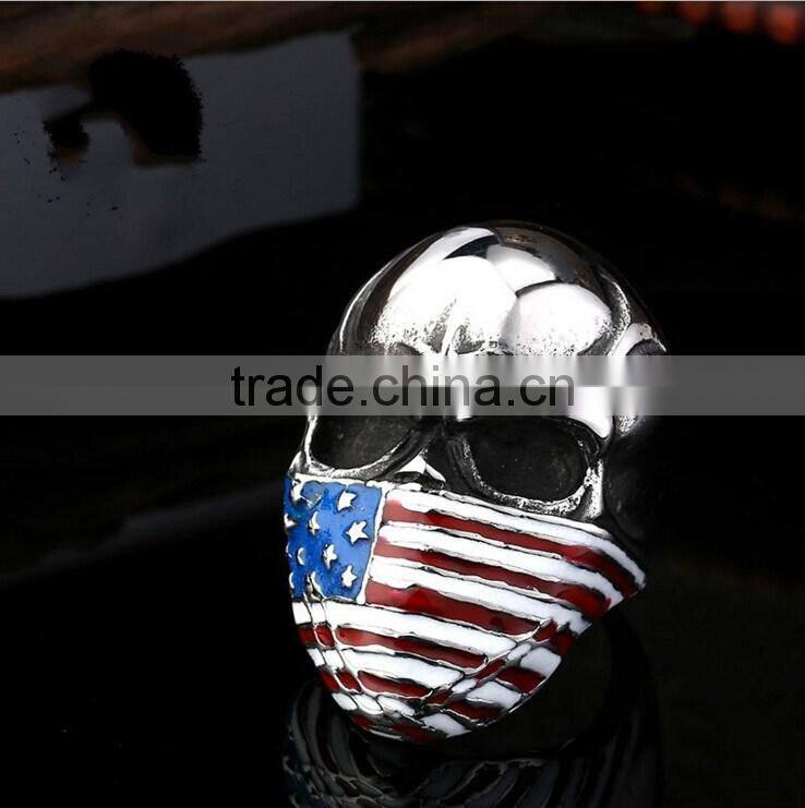 Mens Punk Goth Skull Ring Patriotic Stars Stripes Honor American Flag Bandit Biker Stainless Steel Ring Size 8-14