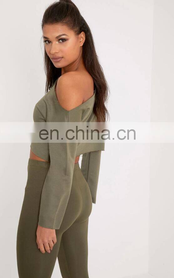Custom High Quality Women 100% Polyester Khaki Off Shoulder Cropped Sweatshirts