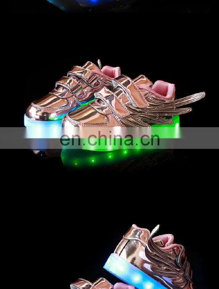Wholesale hot sell Mirror-PU leather Led light up kids Wings shoes Children Led shoes sneakers with USB rechargeable