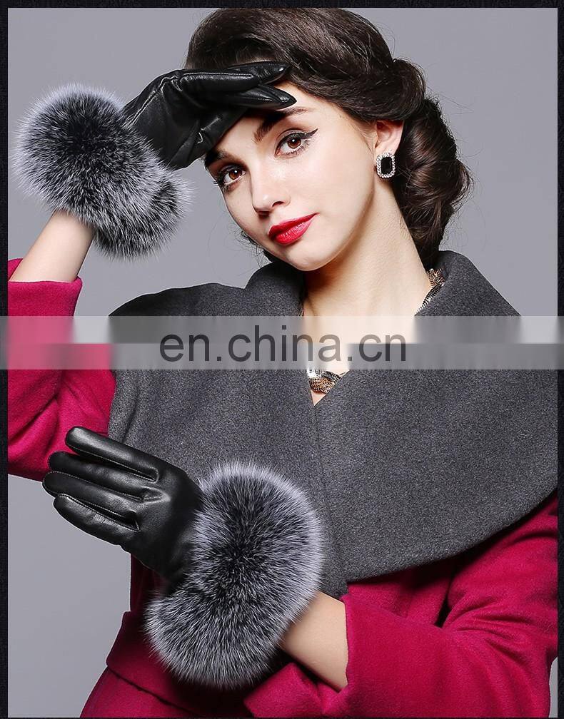 Genuine Sheepskin Leather Gloves Real Fox Fur Cuffs Gloves for Women Winter Leather Glove