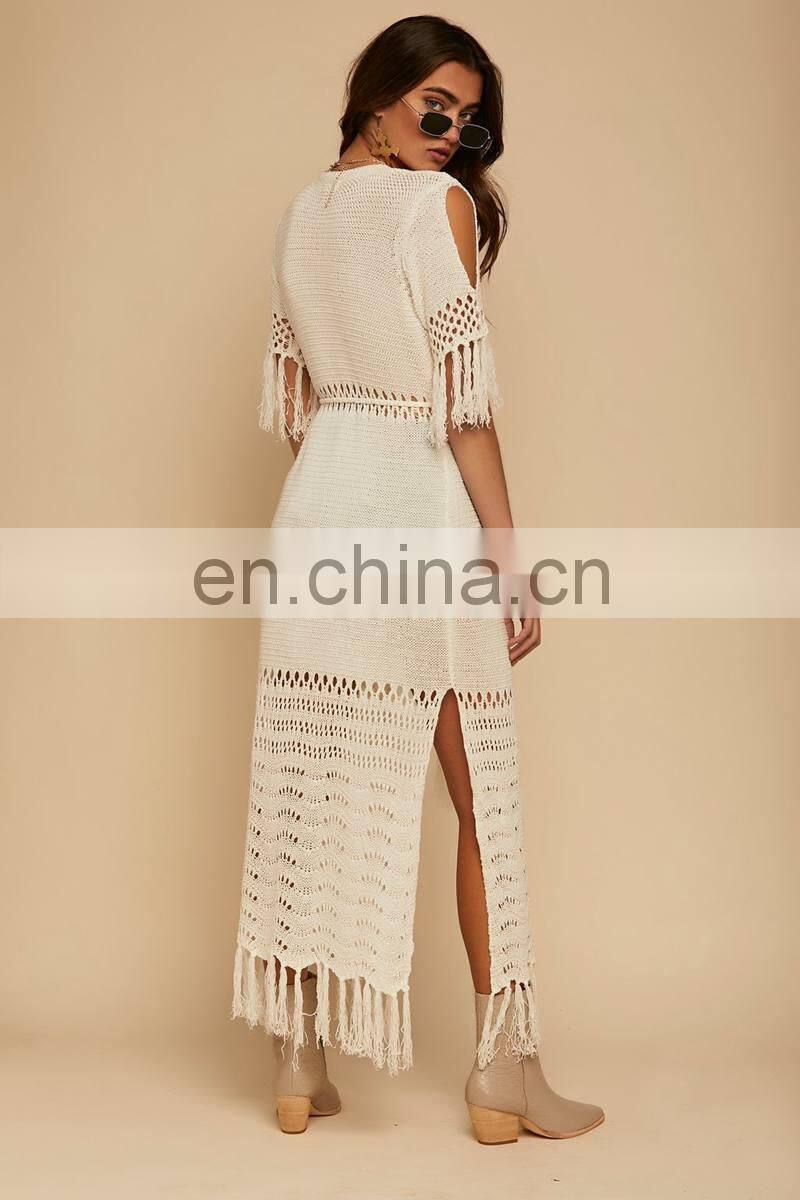 Knit Long Beach Cover up Beach Kaftan Tunics for Beach Swimsuit cover up Robe Plage Tassel Bathing suit Women Crochet cover Up