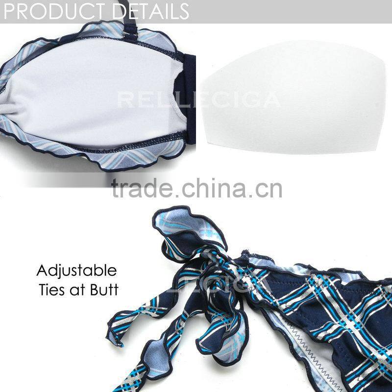 RELLECIGA 2016 Kaleidoscope Collection - Navy Blue Plaid Silver Foil+ Ruffle-trim Bandeau Bikini Set with Front Bow & Brazilian