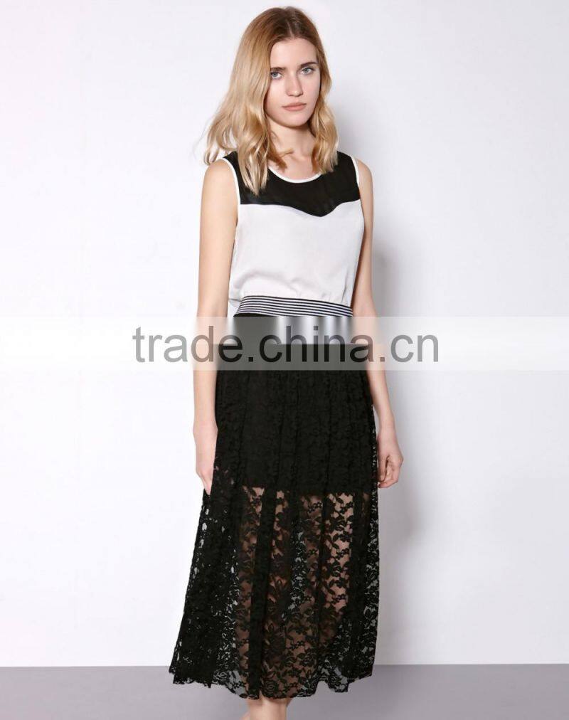 2016 Fashion Women Black Hollow Lace Midi Skirt