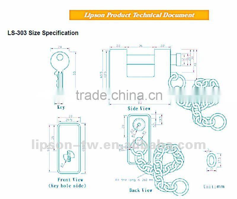 LS-303 Kaba Key and Steel Chain WITH Plated steel Amour Rectangular Padlock