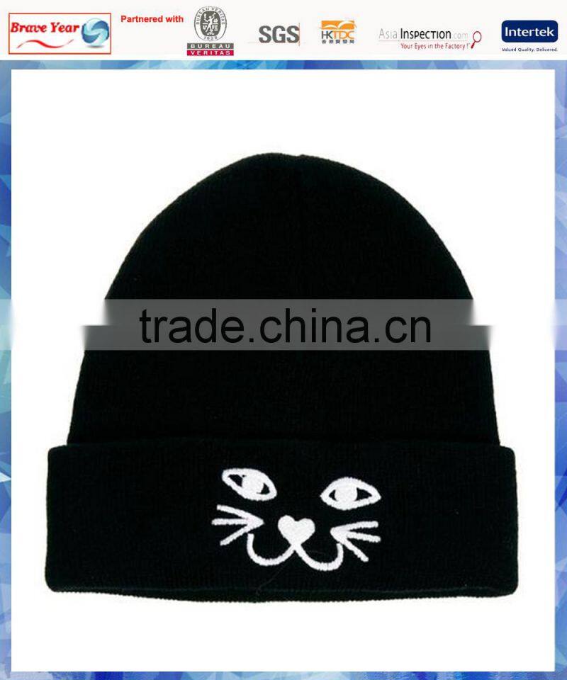 100% acrylic cat face embroidered funny knitted hat