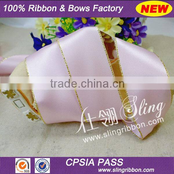 2015 Wholesale 10mm Satin Ribbon with Silver Golden Border
