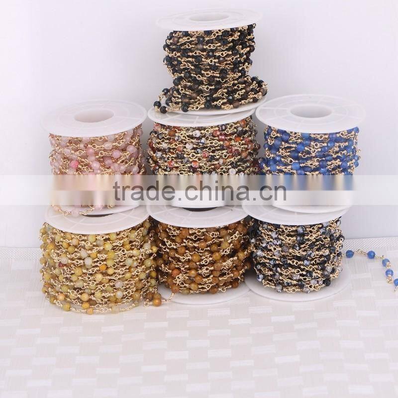 Natural White Gray Color 4mm Faceted Agate Round Beads Necklace Chain Handmade Wire Linked Chains Fashion Jewelry