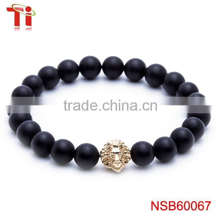 8mm black natural matt onxy beads lion head charm bracelet, most popular stainless steel jewelry bracelet for men