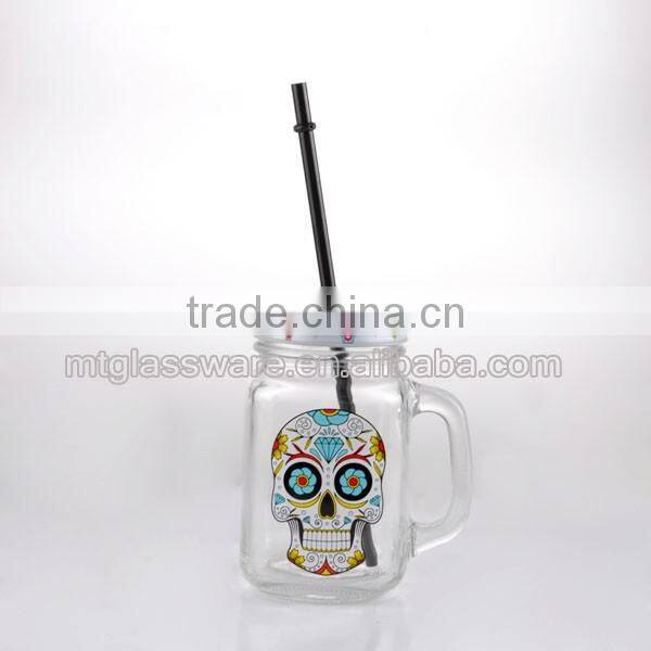 16oz Halloween Theme Skull Decal Glass Mason Jar with Handle