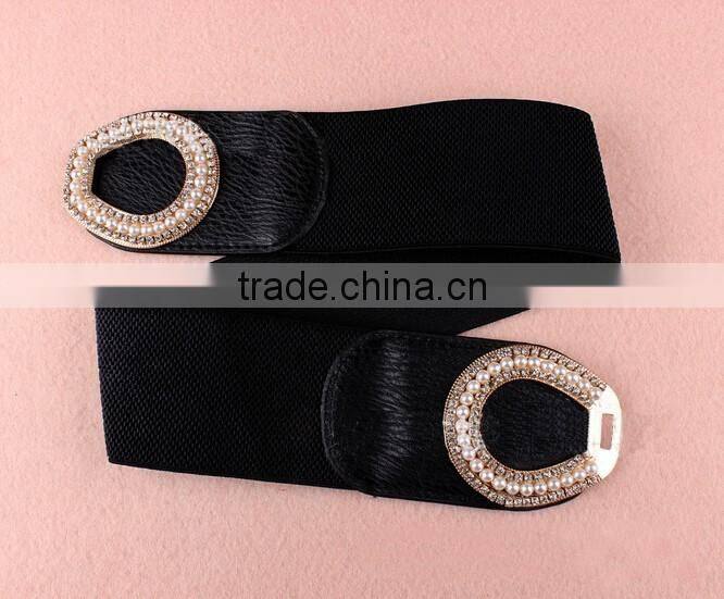 Wholesale pearl and rhinestone inlaid buckle sex women lady wide PU waist belt