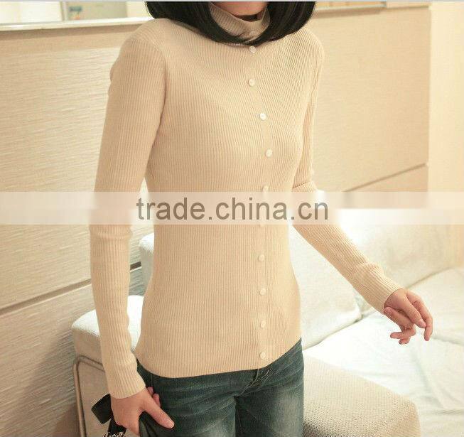 Ladies fashion O-neck solid long slim knit winter button woman sweater