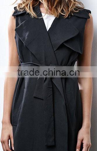 Fashion Black Renamed Sleeveless Trench Wide Lapels Waist Tie Jacket