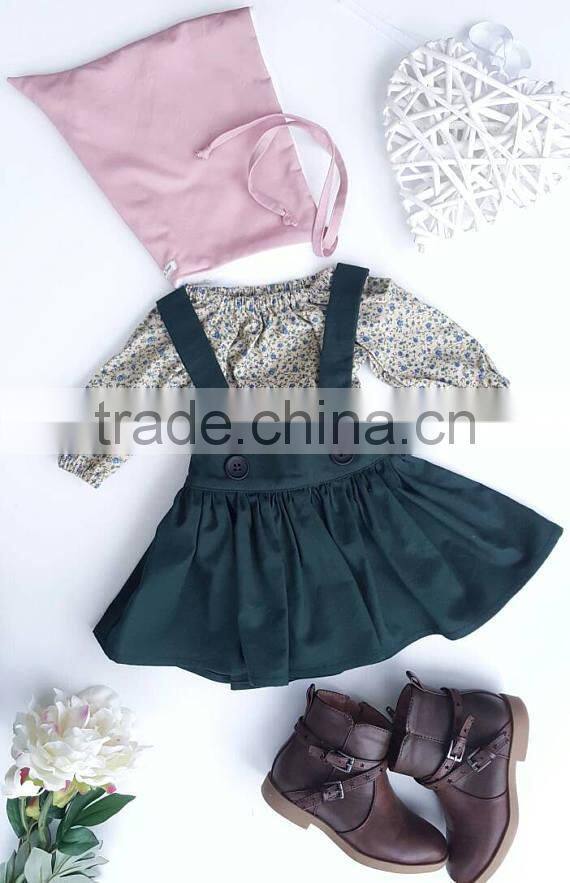 Floral top clothes long sleeve shirt match dark green suspender skirt and hat 3pcs for children
