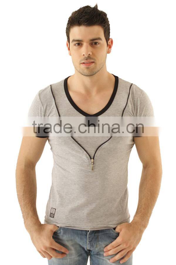 V-neck fashion t shirt with chest zip